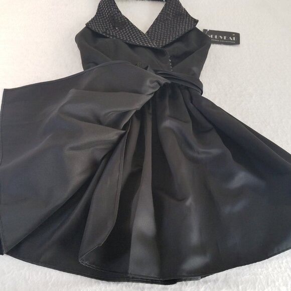 Nouveau Black Satin Halter Cocktail Wrap Dress Sequins SIZE 4 Evening Collection - Picture 12 of 16